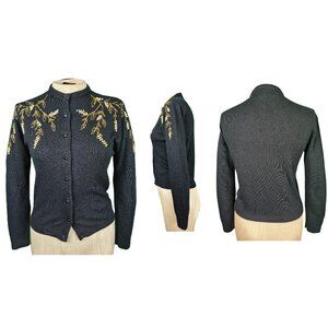 1960's Vintage Cardigan Sweater Sz S Black with Gold Embroidery and Pearl detail
